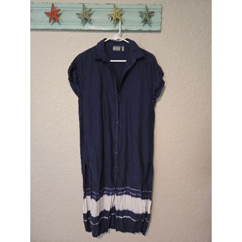 Athleta Womens XS Navy Blue Tie Dye Stripe Button Down Midi Shirt Dress Slits